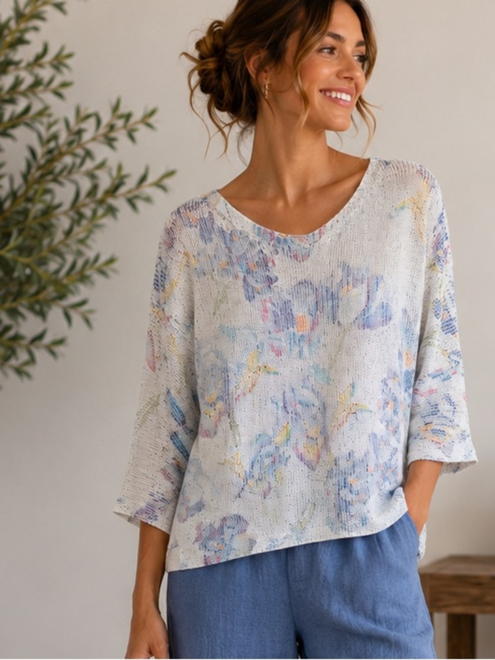 Sioni Lightweight Dolman Sleeve Artsy Pastel Knit Sweater Top‎ 3/4 Sleeve Large